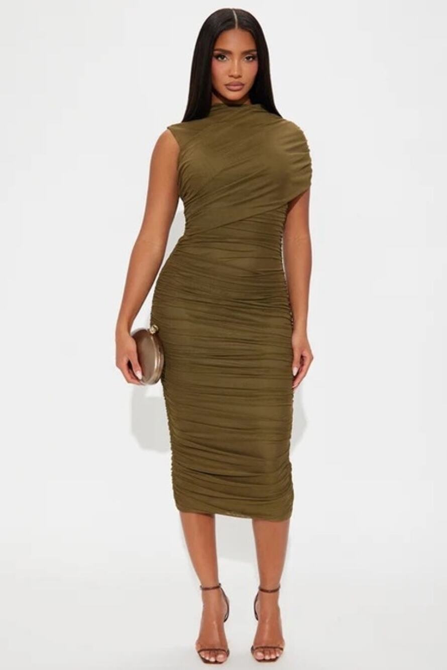 NEW Fashion Nova Green Dress Women's Size XL Diya Draped Midi Ruched Olive Green